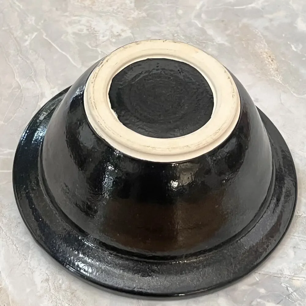 Handmade Black Ceramic Serving Bowl With Reactive Glaze & Green Lizard On Rim